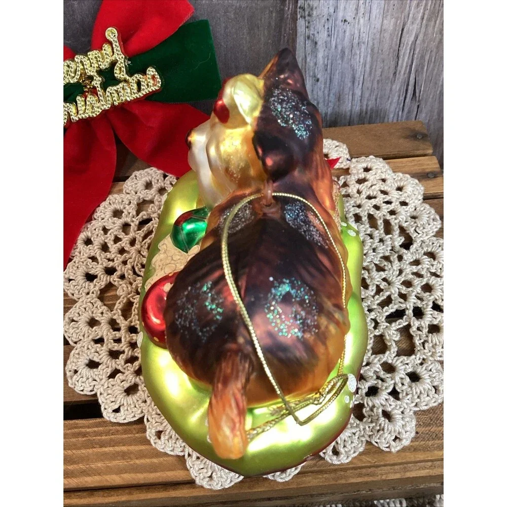 Charming Yorkie Hand Blown Glass Christmas Tree Ornament + I Love My Dog Bone